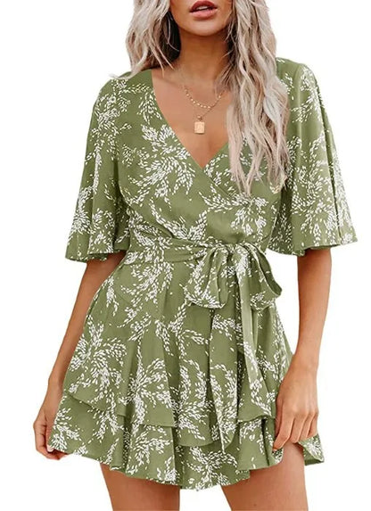 Hot-selling Women's Jumpsuits V-neck Flared Sleeves High Waist Plant Printed Pleated Lace-up Fashion High Street Playsuits
