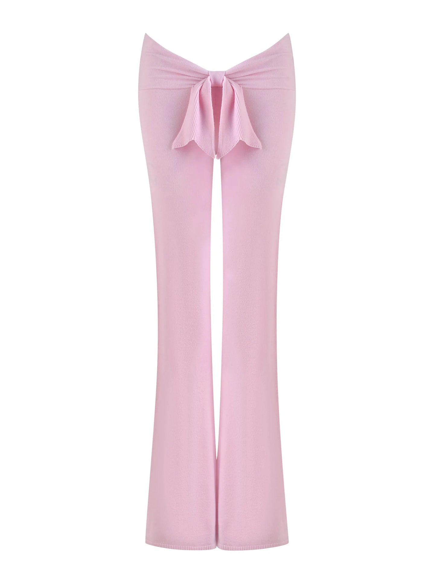 Combhasaki Women's Y2l Knitted Flared Long Pants Slim Fit Solid Color Fold Over Waist Elastic Low Rise Back Bow Decor Trousers