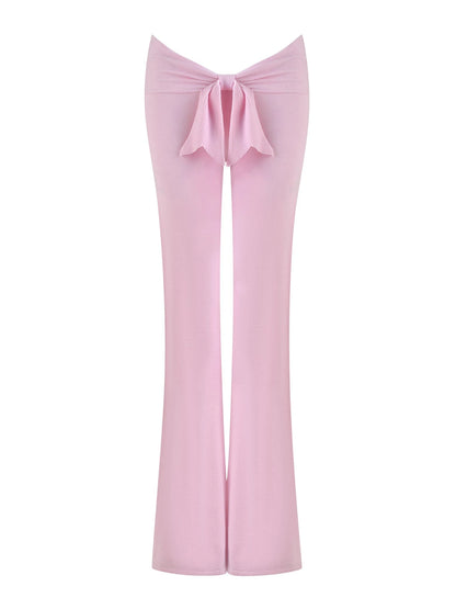 Combhasaki Women's Y2l Knitted Flared Long Pants Slim Fit Solid Color Fold Over Waist Elastic Low Rise Back Bow Decor Trousers