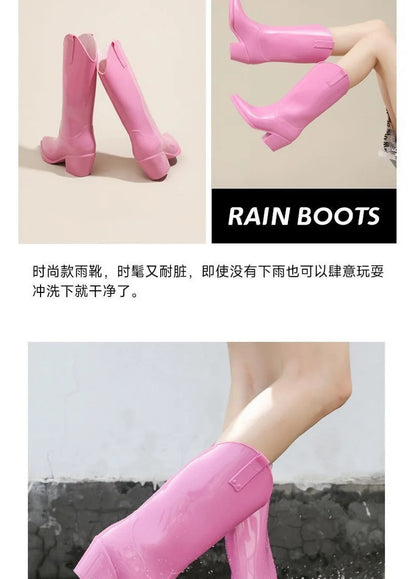 FHC Chunky High Heels Rain Boots,Women's Waterproof Mid Calf Botas,Kitchen Work Shoes,Cowboy Booties,Black,PInk,Red,Dropship