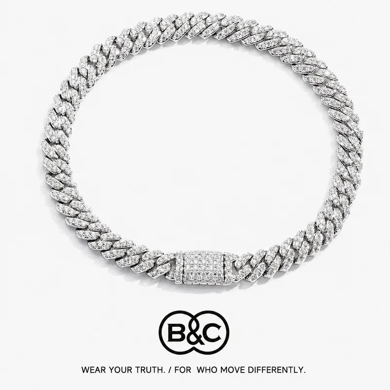 B&C 6MM VVS1 Moissanite Iced Out Bracelet Hip Hop Jewelry Silver Plated Brass Cuban Link Chain Bracelet for Female Wholesale