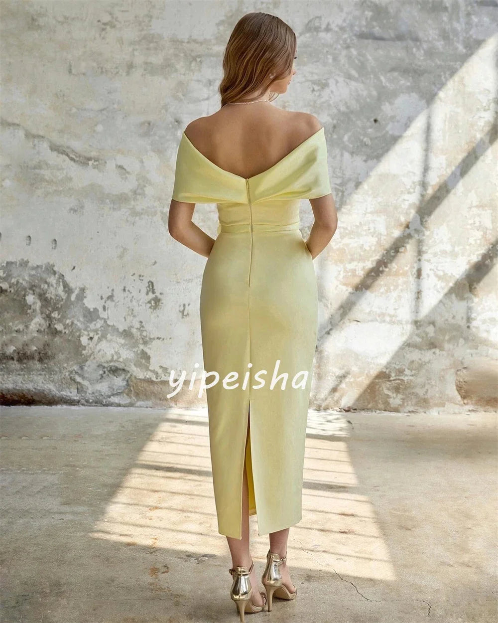 Customized Jersey Flower Ruched Evening A-line Off-the-shoulder Bespoke Occasion Gown Midi Dresses