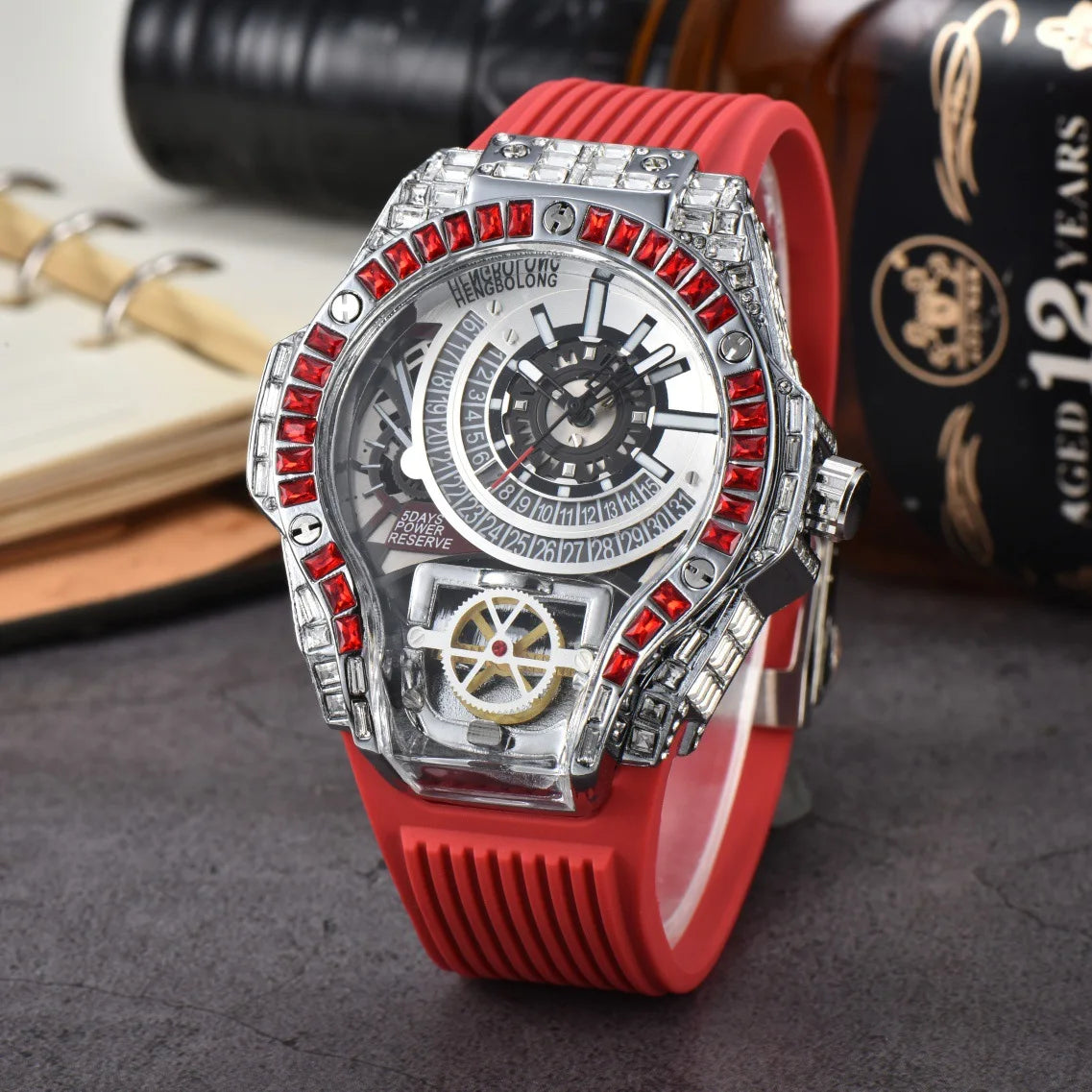Business Full Diamond Case Luxury Top Mens Watches Rubber Strap Color Creative Decorative Quartz Watch Men AAA Clocks Relogio