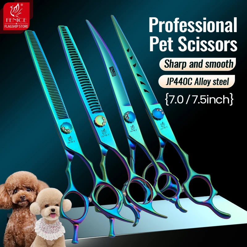Fenice JP440C 7/7.5 Inch Professional Pet Dogs Grooming Scissors Kits Straight Curved Thinnier Chunker Shears Set For Dogs