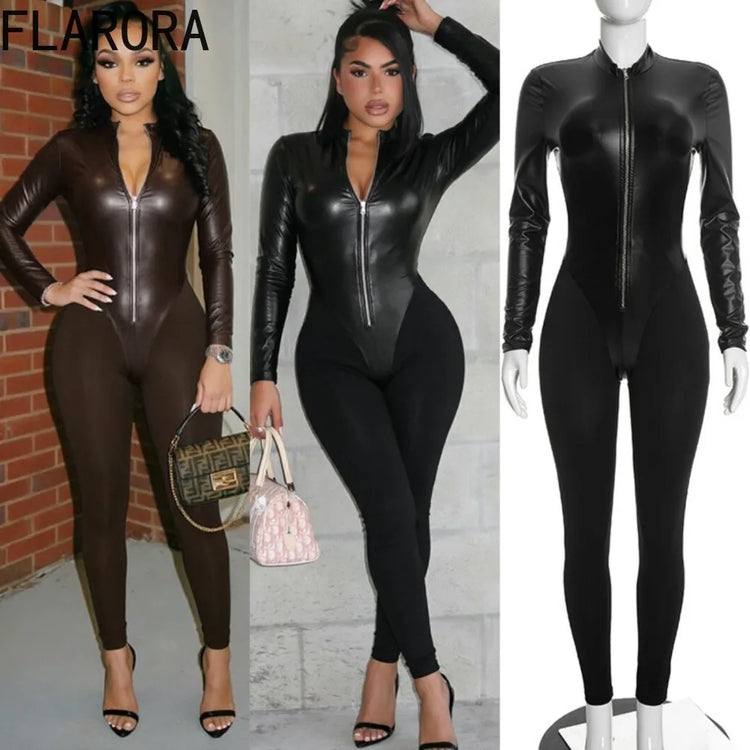 FLARORA Fashion Pu Leather Patchwork Jumpsuits Woman Stand Collar Full Sleeve Zip Skinny Peach Hip Midnight Party Club Overalls