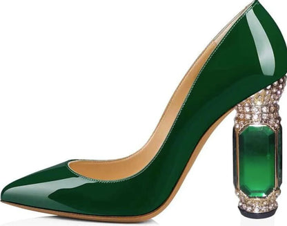Laser PU Leather Pointed Toe Shallow Women Pumps Shoes Gemstones High Heels Slip On Design Large Size Fashion Shoes