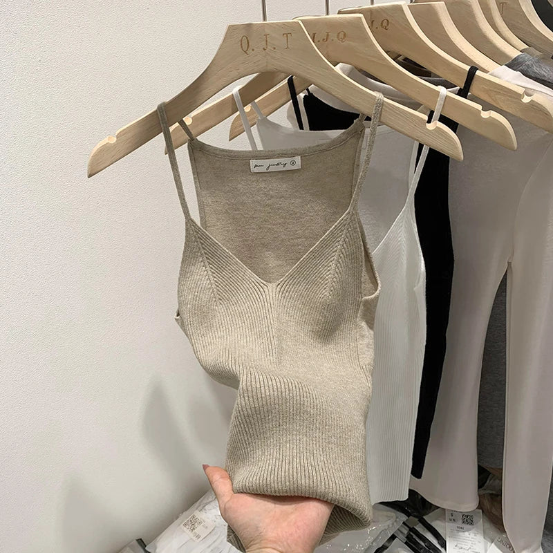2026 Women Summer Style Sleeveless Vest Solid Color Slim Fit V Neck Knitted Top Fashionable Versatile Base Layer Knit Tank Tops