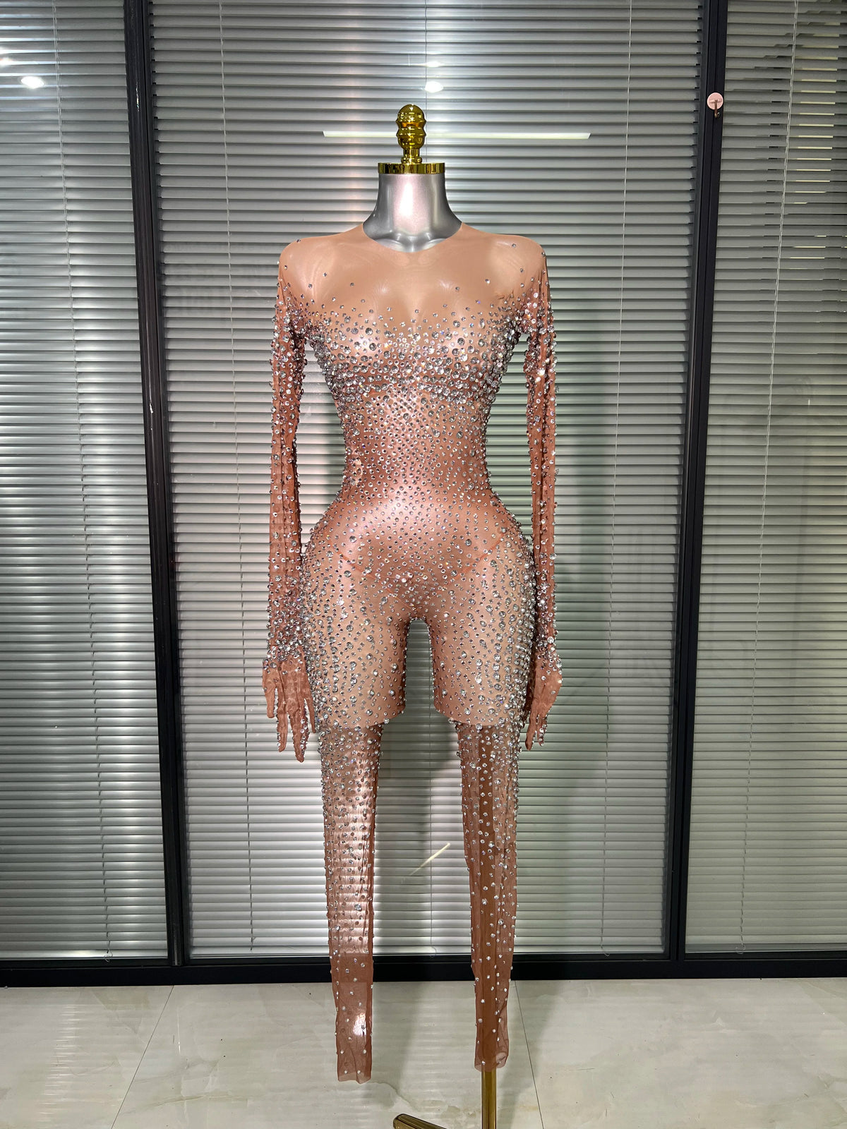 Women Sexy Crystal Sheer Blue Silver Skin Bodycon Jumpsuit Celebrity Designer Shinning Dancer Night Club Rompers Gloves