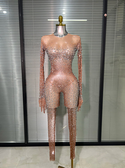 Women Sexy Crystal Sheer Blue Silver Skin Bodycon Jumpsuit Celebrity Designer Shinning Dancer Night Club Rompers Gloves