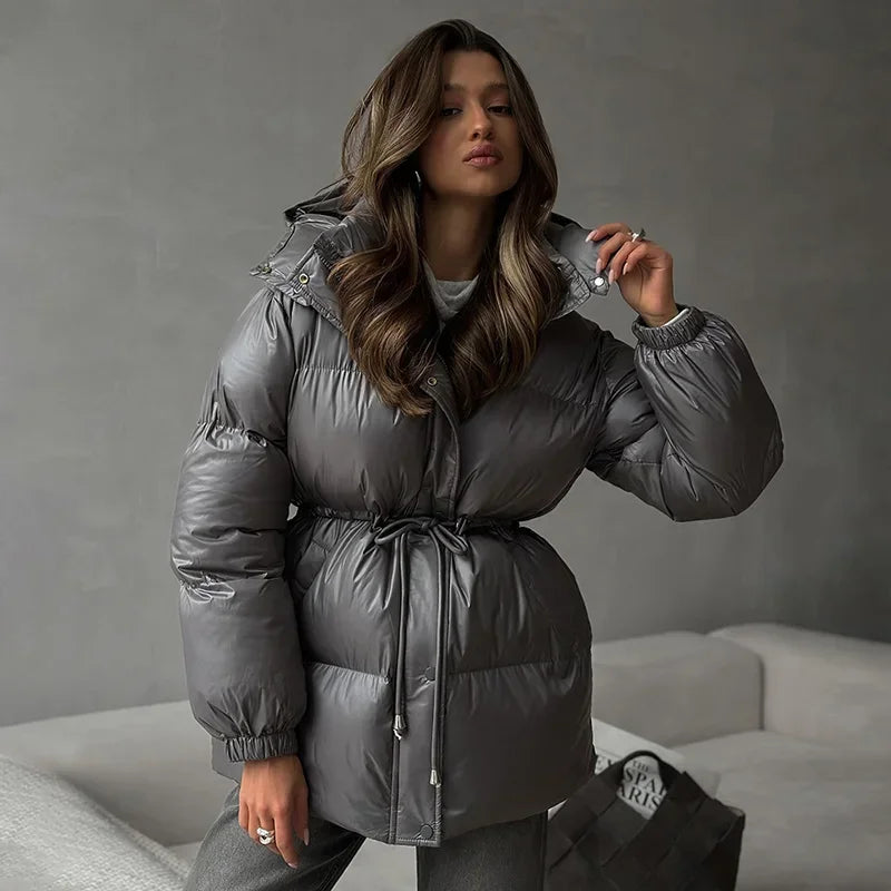 2026 Winter Warm Hooded Padded Cotton Coats Women Casual Drawstring Waist-closed Thick Jackets Female Chic Outerwear Lady New