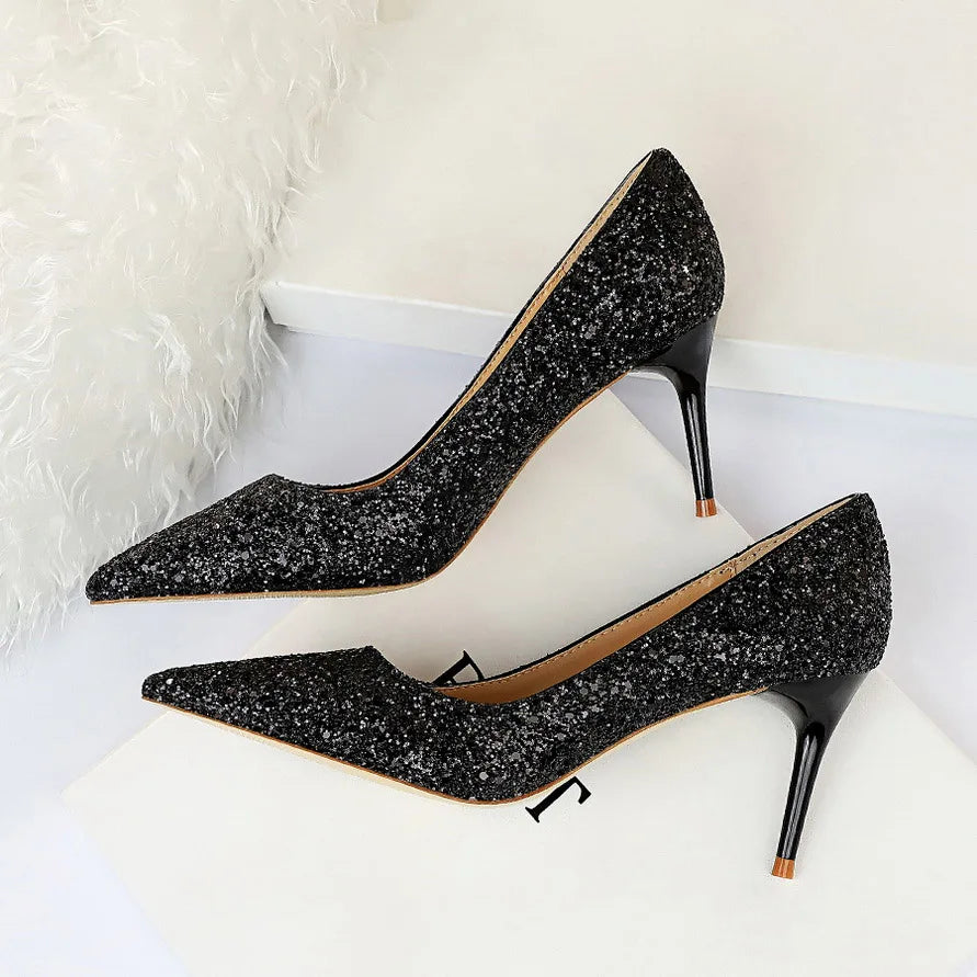 Women 7cm 9.5cm High Heels Pumps Wedding Bridal Scarpins Sparkly Mid Heels Lady Party Sequins Glitter Evening Gold Silver Shoes
