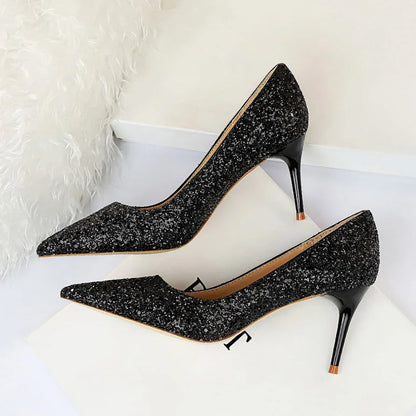 Women 7cm 9.5cm High Heels Pumps Wedding Bridal Scarpins Sparkly Mid Heels Lady Party Sequins Glitter Evening Gold Silver Shoes