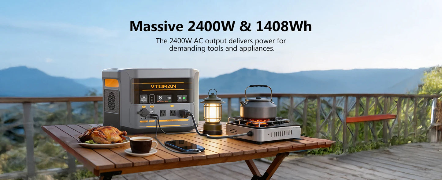 VTOMAN FlashSpeed 2400 Portable Power Station 2400W 1408Wh LiFePO4 Battery UPS Uninterruptible Power Supply,Max 600W Solar Input, Expandable to 2688Wh, 12 Devices Output, Car Jump Starter for Camping Home Emergency Backup Pow