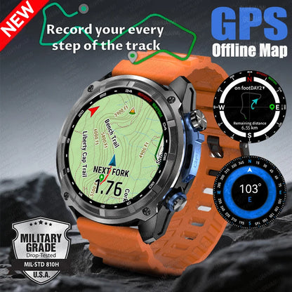 2025 New Tactical Smartwatch Built-in GPS Offline Map 4GB Memory 5ATM IP69K Swimming Waterproof Men Militray Smart Bracele