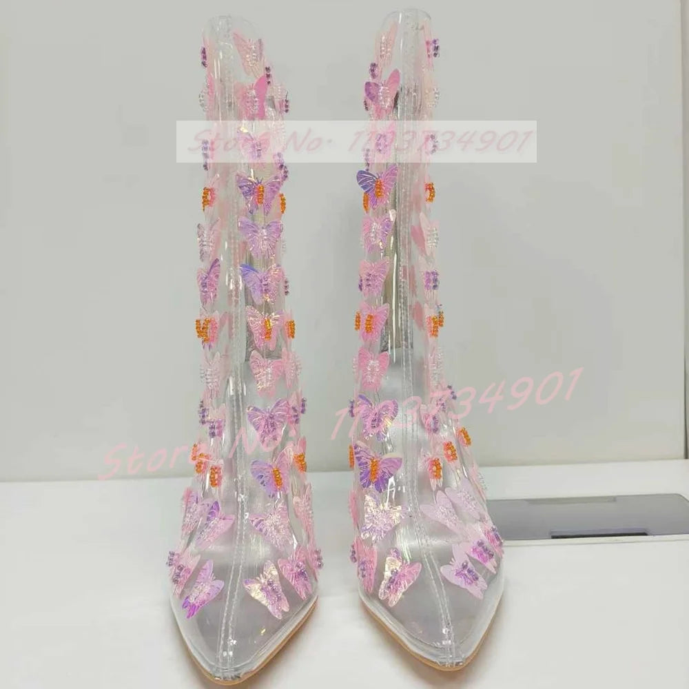 Clear Butterfly Pointed Toe Mid Calf Boots Women Sweet Party Back Zipper Pvc Block High Heels Shoes Female Elegant Fashion Boots