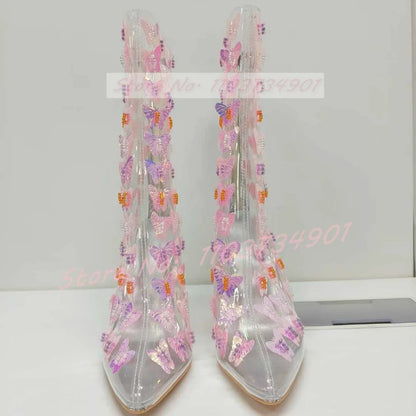 Clear Butterfly Pointed Toe Mid Calf Boots Women Sweet Party Back Zipper Pvc Block High Heels Shoes Female Elegant Fashion Boots