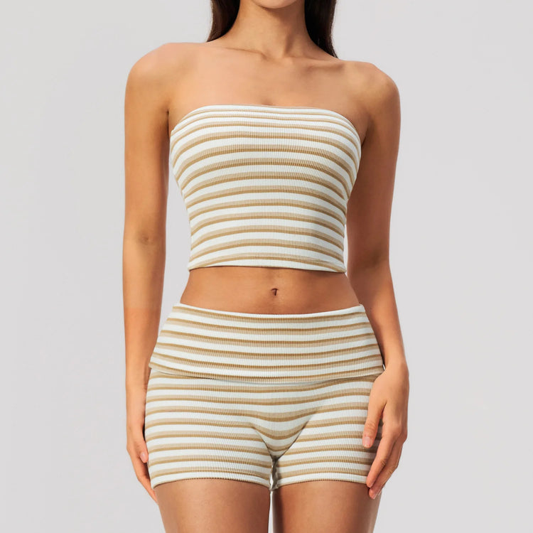 Women 2/3pcs Yoga Set Gym Clothing Fitness Suit Workout Tracksuit Outfits Ribbed Striped Strapless Tube Top Zipper Long Sleeve