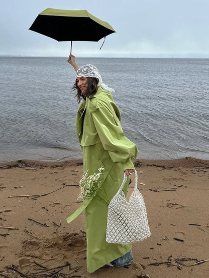 Women Khaki Long Color-block Stripe Trench Coat Wide Lapel Loose Drop Shoulder Blue Lining Slit Windbreaker Commute Outing Coats
