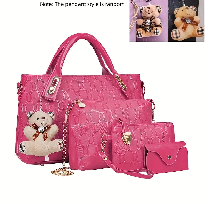 4 Pcs Women Handbag Set Embossed Pattern PU Leather Tote Bags Fashion Chain Shoulder Crossbody Bag Ladies Wallet Card Holder Purse With Bear Pendant Daily Shopping Handbags