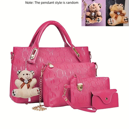 4 Pcs Women Handbag Set Embossed Pattern PU Leather Tote Bags Fashion Chain Shoulder Crossbody Bag Ladies Wallet Card Holder Purse With Bear Pendant Daily Shopping Handbags