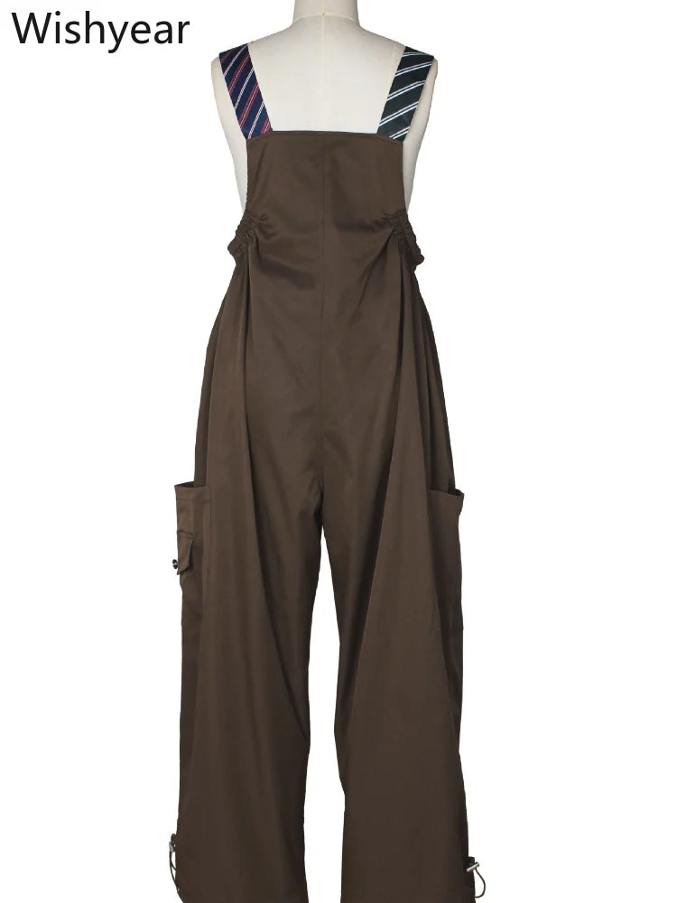 Women’s Overalls Jumpsuit Long Sleeve Shirt Style Patchwork Tie Detail Wide Leg Cargo Pants Casual Office Work Party Streetwear