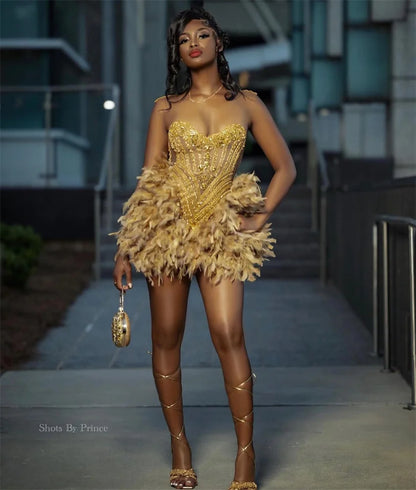 Glitter Gold Diamonds Prom Dress 2025 For Black Girls Glitter Bead Crystal Rhinestones Birthday Party Cocktail Senior Customized