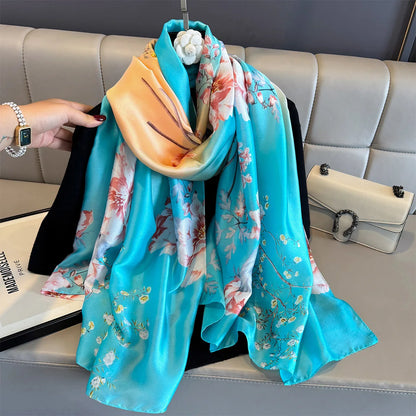 180*90cm Large Silk Satin Scarf Women Fashion Printed Scarf Spring And Summer Styles New Shawl Wrap Female Hand 2025 NEW