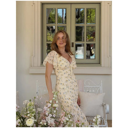 Fashion V-neck Floral Women Maxi Dress Flutter Sleeve Lace Trim High Waist Chiffon Vestidos Summer Female Daily Vacation Dresses