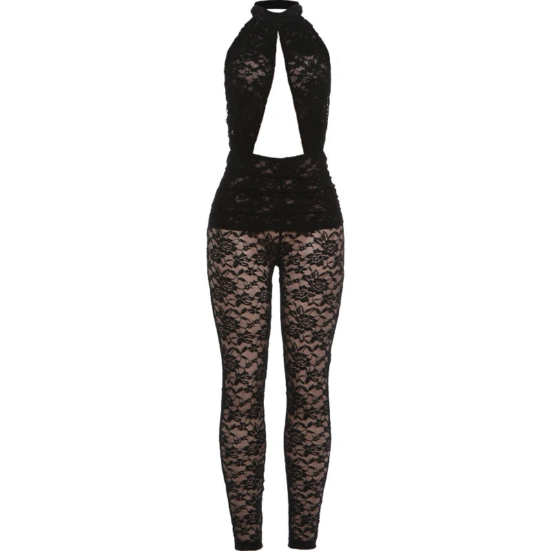 Weird Puss Sexy Jacquard Jumpsuit Women Backless Hollow Halter Trend Sleeveless Stretch Midnight Clubwear Patchwork Overalls