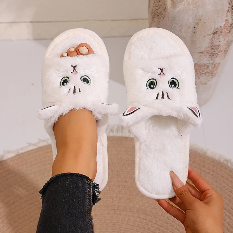 Casual Women's Slippers Home Flats Cat Cartoon Fluffy Luxury Designer Shoes Girls Spring Autumn Elegant Indoor Slides Soft Sole