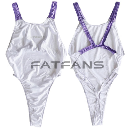 DROZENO Stretch Swimsuit Glossy Oil Bright Color-blocking Japanese T-shaped Backless High-fork Conjoined Swimming