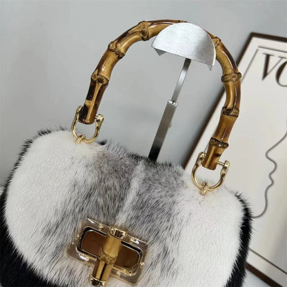Fur Women's Mink Fur Bag Luxury Warm Plush Wrist Bags  Women Fashion Furry Short Handle Clutch Cute Ladies Fur Bags For Women