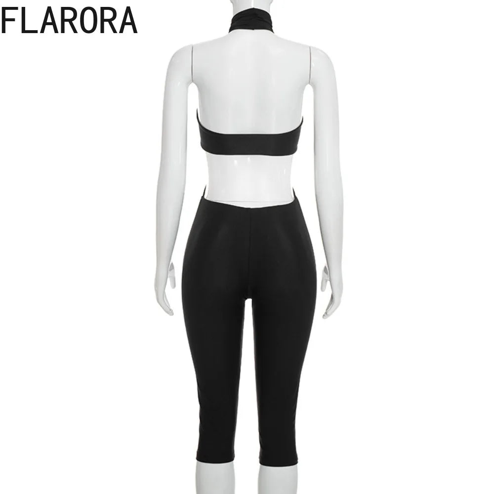 FLARORA Sexy Hollow Out Jumpuits Woman Metal Ring Decoration Halter Sleeveless Backless Skinny Rompers Midnight Party Clubwear