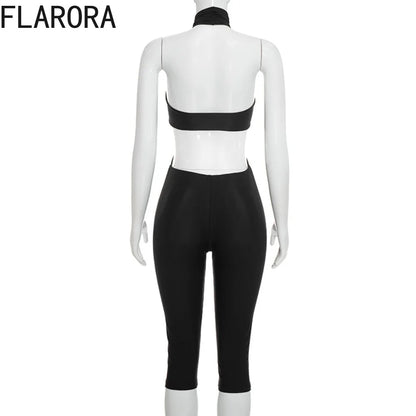 FLARORA Sexy Hollow Out Jumpuits Woman Metal Ring Decoration Halter Sleeveless Backless Skinny Rompers Midnight Party Clubwear