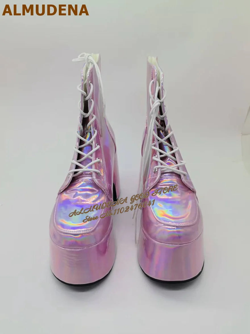 Hologram Purple Shiny Platform Ankle Boots Gothic Punk Lace Up Super Chunky Heel Short Booties Nightclub Dancing Shoes