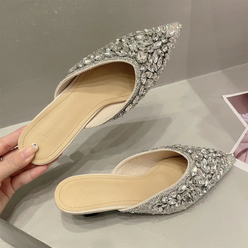 Summer New Women Shoe Luxury Rhinestone Mueller Slippers For Woman Elegant French Style Casual Shoe Designer Shoes