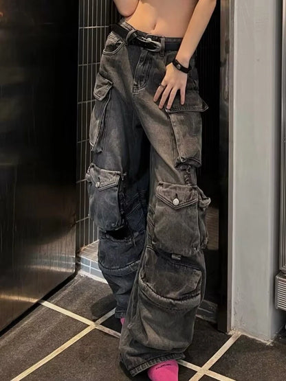 2025 Autumn Winter Large Pocket Women's Denim Trousers Washable Gradient Workwear Parachute Pants Jeans High Waist Long Pants