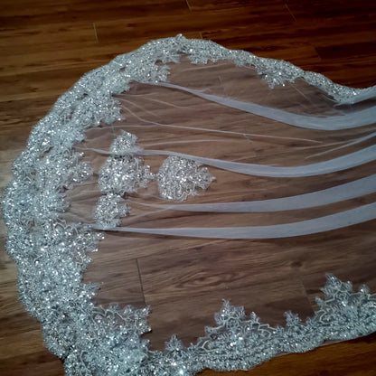 Customized Bridal Sparkling Pearl embroidery Luxury Veil Cathedral with Comb Headcloth Wedding Headwear Accessories