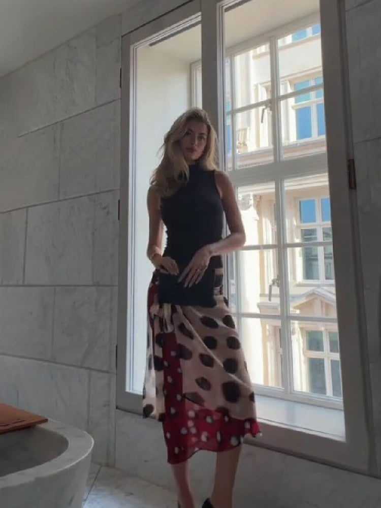 Bohemian Polka Dot Wrap Midi Skirt Women Chic Irregular Hem Layered Chiffon High Waist Skirt Summer Party Vacation Beachwear