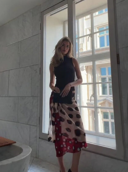 Bohemian Polka Dot Wrap Midi Skirt Women Chic Irregular Hem Layered Chiffon High Waist Skirt Summer Party Vacation Beachwear