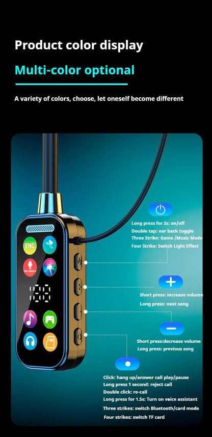 Long Battery Life HiFi Sound Bluetooth 5.4 Earphones with HD Mic Earbuds Wireless Headphones Sports Gaming Neck-hanging Headsets