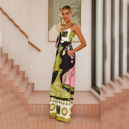 VEITCHE Summer Style Women Print Spaghetti Strap Casual Jumpsuits Hollow Out Leace-up High Waist Wide Legs Bohemian Jumpsuit