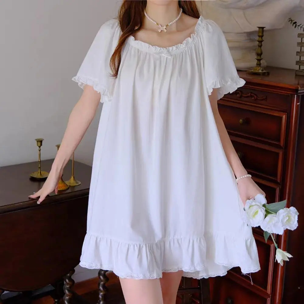 Casual Bowknot Women's Pajama Dress Short Sleeve Loose Ruffle Nightdress Home Wear Sleepwear Princess Nightgown Female