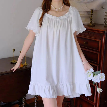 Casual Bowknot Women's Pajama Dress Short Sleeve Loose Ruffle Nightdress Home Wear Sleepwear Princess Nightgown Female