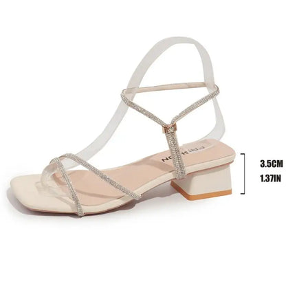 Elegant Square Toe Medium Heel Woman's Sandals Women Summer 2026 Luxury Rhinestore Strap Sandals Plus Size Woman Designer Shoes