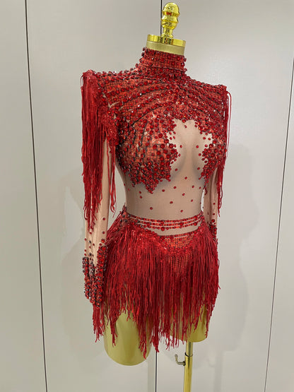 Sparkly Rhinestone Sequin Tassel Stretch Bodysuits 2025 New Arrival Women Birthday Party Nightclub Dj Stage Performance Costume