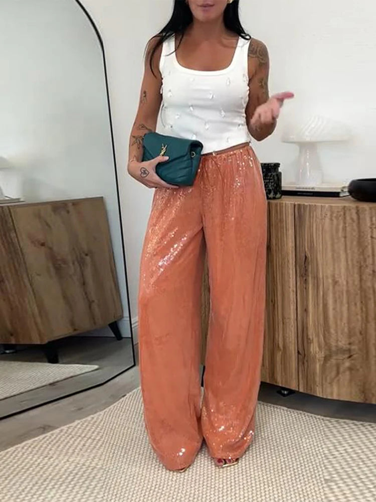 Elegant Sequined Women's Trouser Mid-Waist Lace Up Straight Mop Pants 2026 Summer Autumn Fashion Female All-Match Bottom