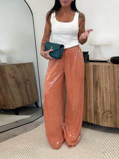 Elegant Sequined Women's Trouser Mid-Waist Lace Up Straight Mop Pants 2026 Summer Autumn Fashion Female All-Match Bottom
