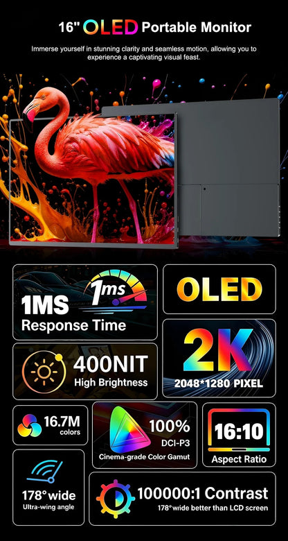 16 Inch 2K 120Hz OLED Monitor 2048×1280 100% Color Gamut VESA Mount External Screen for Laptop PS5 Switch Game Design Office