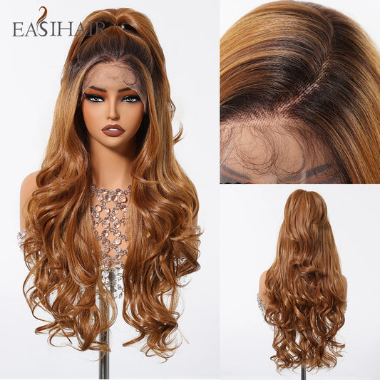 13*6 Lace Front Synthetic Wigs for Black Women Brown Copper 26 Inches Long Wavy Curly Wigs With Baby Hair Natural Hairline Wigs
